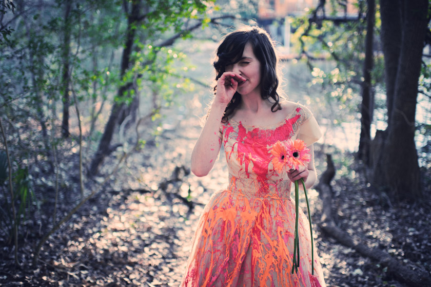paint all over the bride's dress and flowers