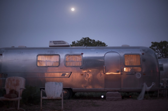 vintage airstream at night