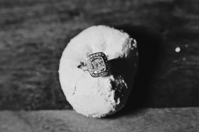 diamond engagement ring in black and white