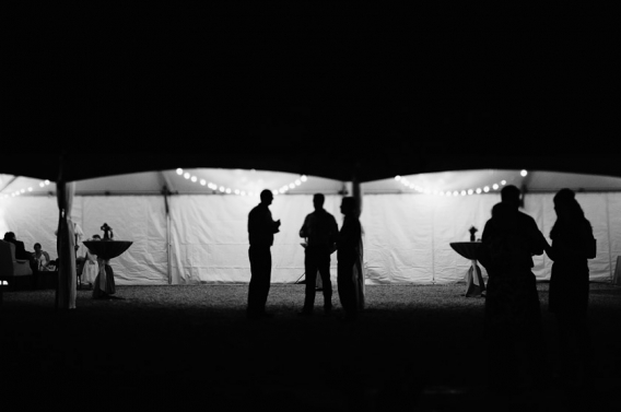 black and white view of reception tent
