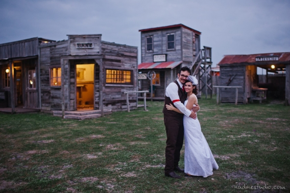 bride and groom and ghost town