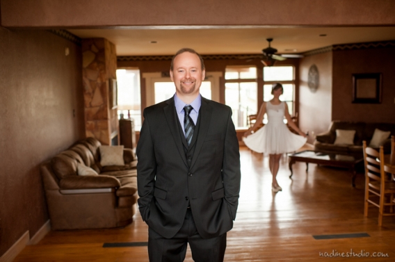 bride and groom in first look where the groom doesn
