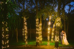 twinkle lights dusk wedding portraits