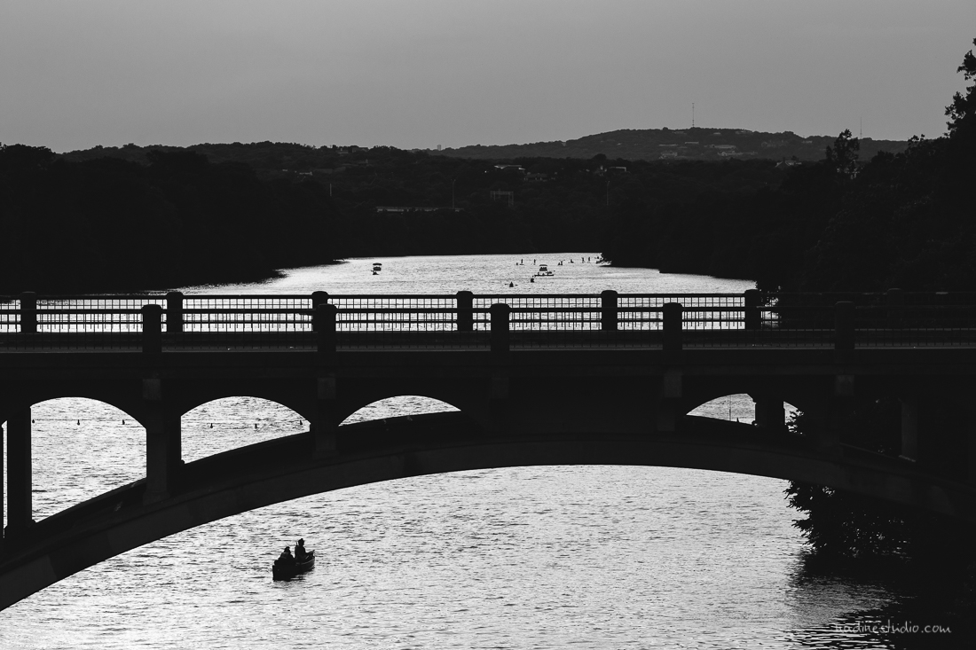 black and white view of the lamar bridge