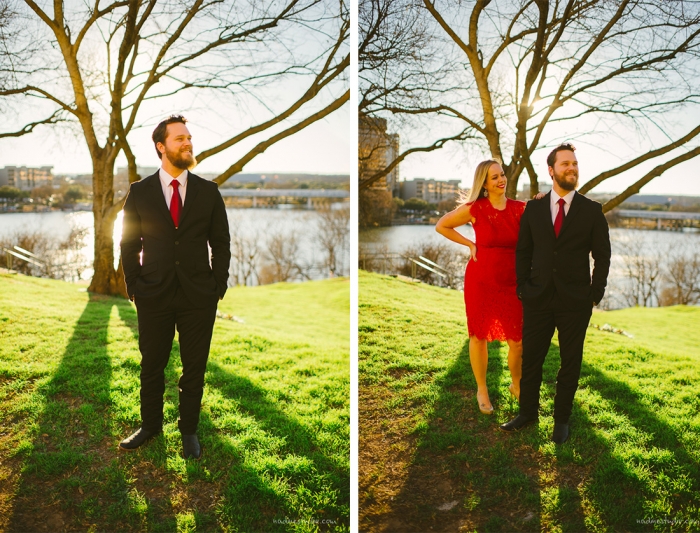 red dress and a suit engagement photos