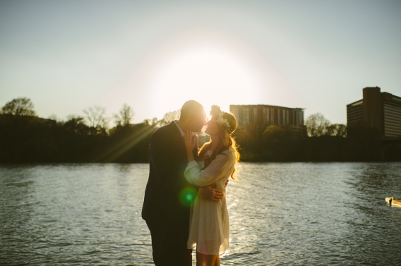 the sun behind them