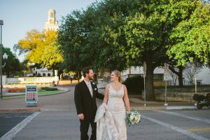 bridal and groom portrait at university of texas at austin