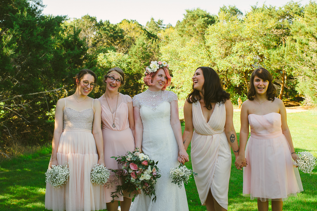 bridesmaids and bride in pink blush