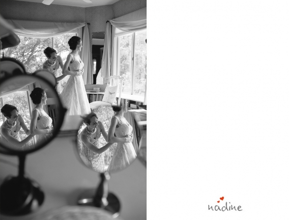 three reflections of a bride getting ready